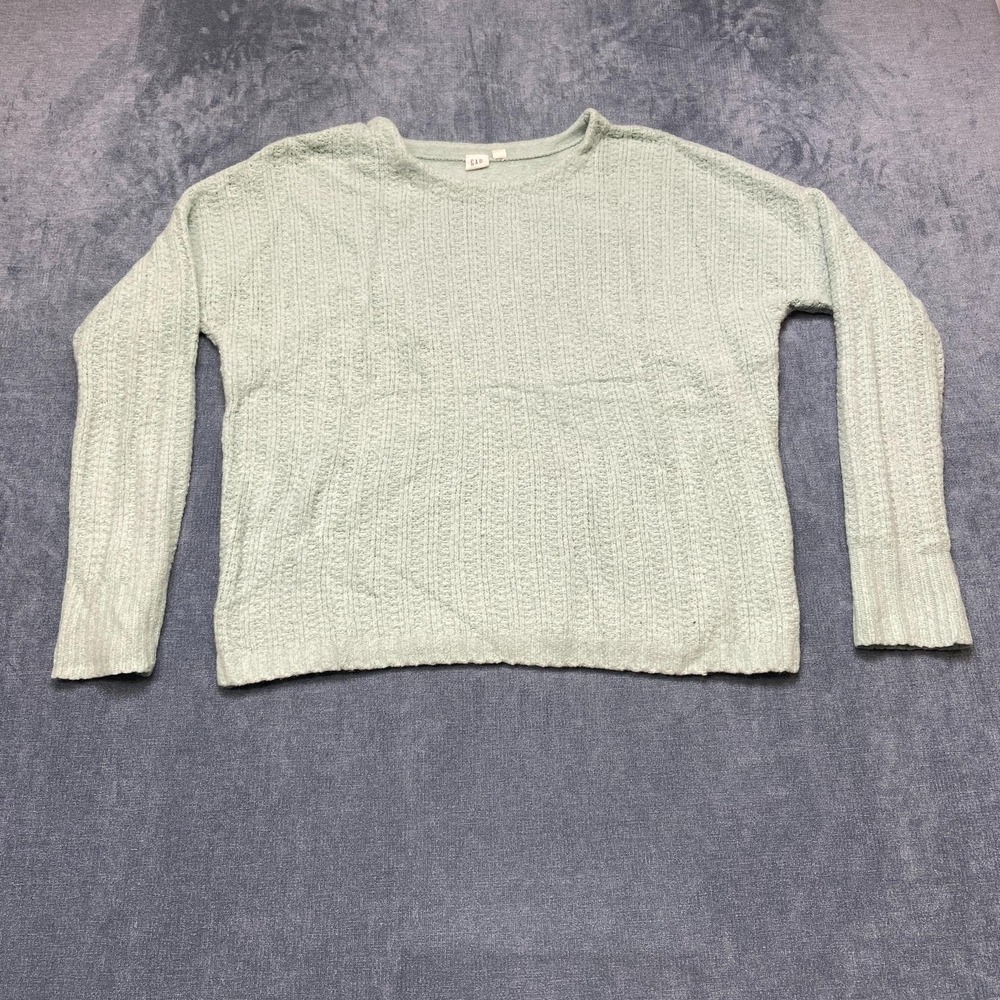 Gap Sweater Women Large Sea Green Nylon Stretch Tight Knit Ribbed Hem Round Neck